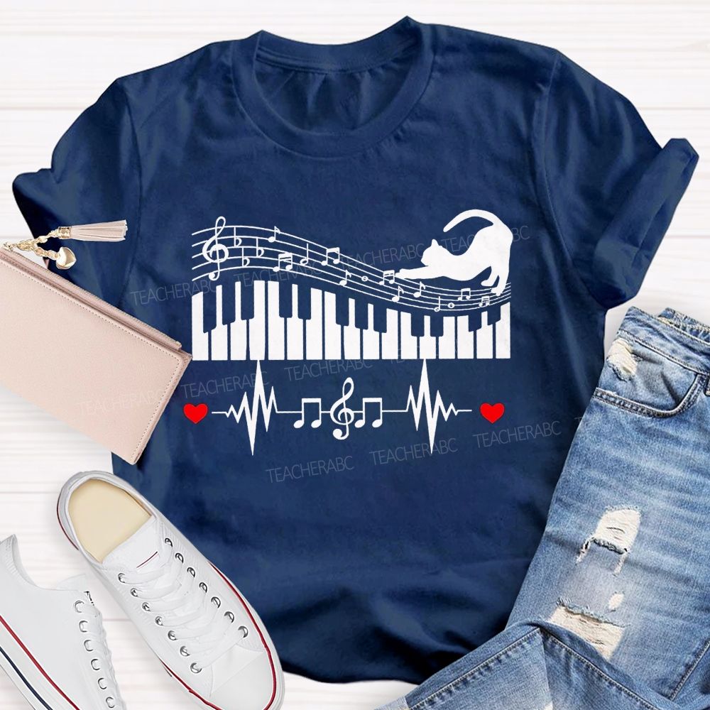 Cat Playing Music Heart Beating To The Beat Teacher T-shirt