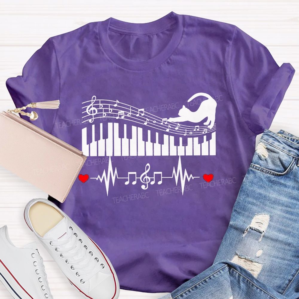 Cat Playing Music Heart Beating To The Beat Teacher T-shirt