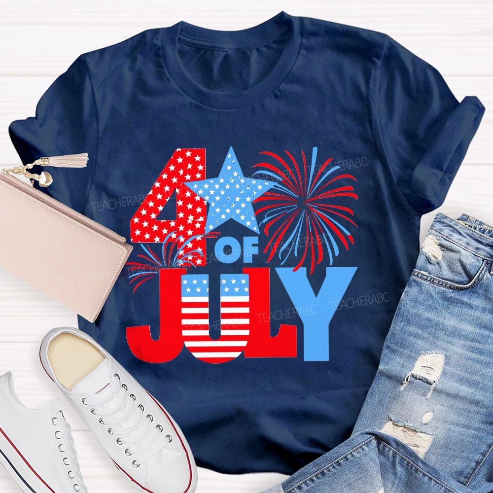 4th Of July American Flag Fireworks Patriotic Teacher T-shirt