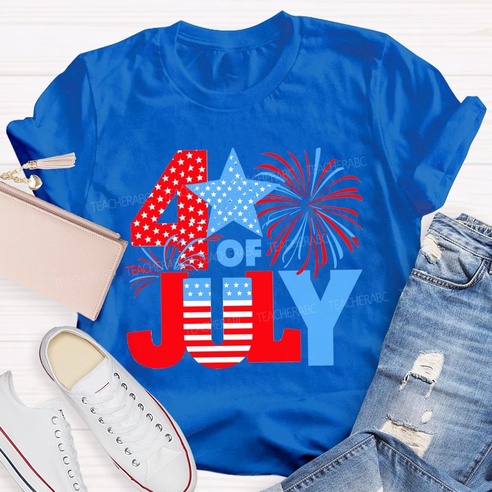 4th Of July American Flag Fireworks Patriotic Teacher T-shirt