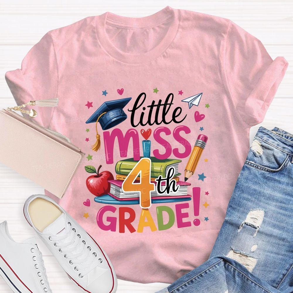 Personalized Grade Little Miss 4th Grade Apple Book Pencil Teacher T-shirt