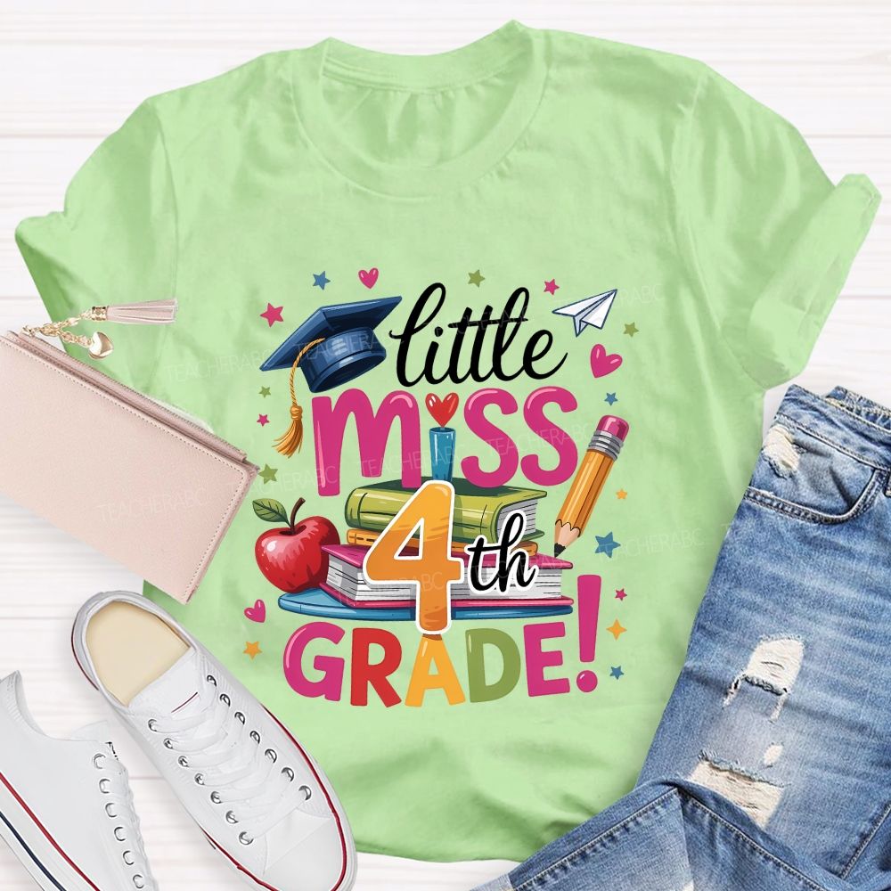 Personalized Grade Little Miss 4th Grade Apple Book Pencil Teacher T-shirt