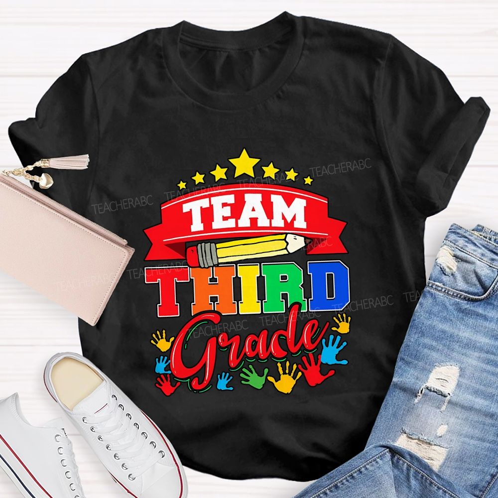 Personalized Grade Team Star Handprint Graphic School Teacher T-shirt