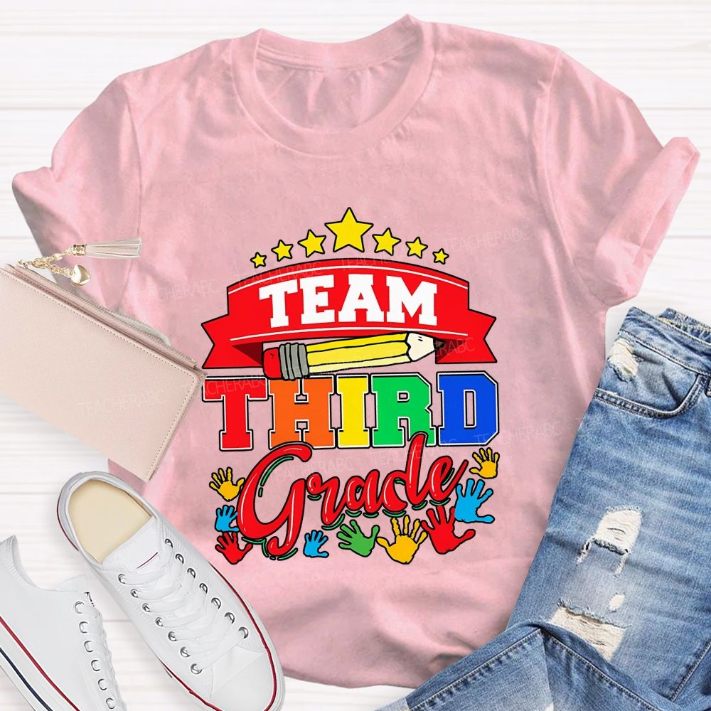 Personalized Grade Team Star Handprint Graphic School Teacher T-shirt
