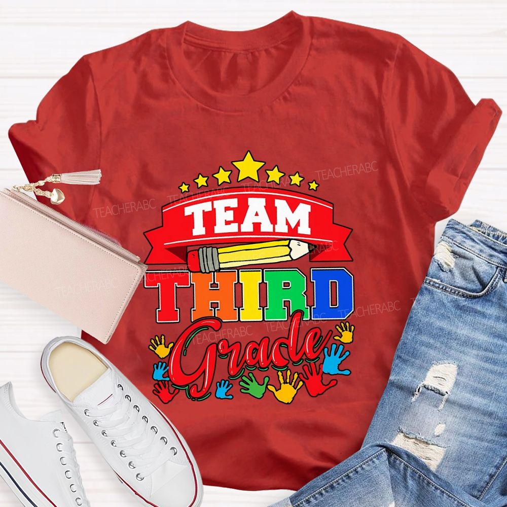 Personalized Grade Team Star Handprint Graphic School Teacher T-shirt