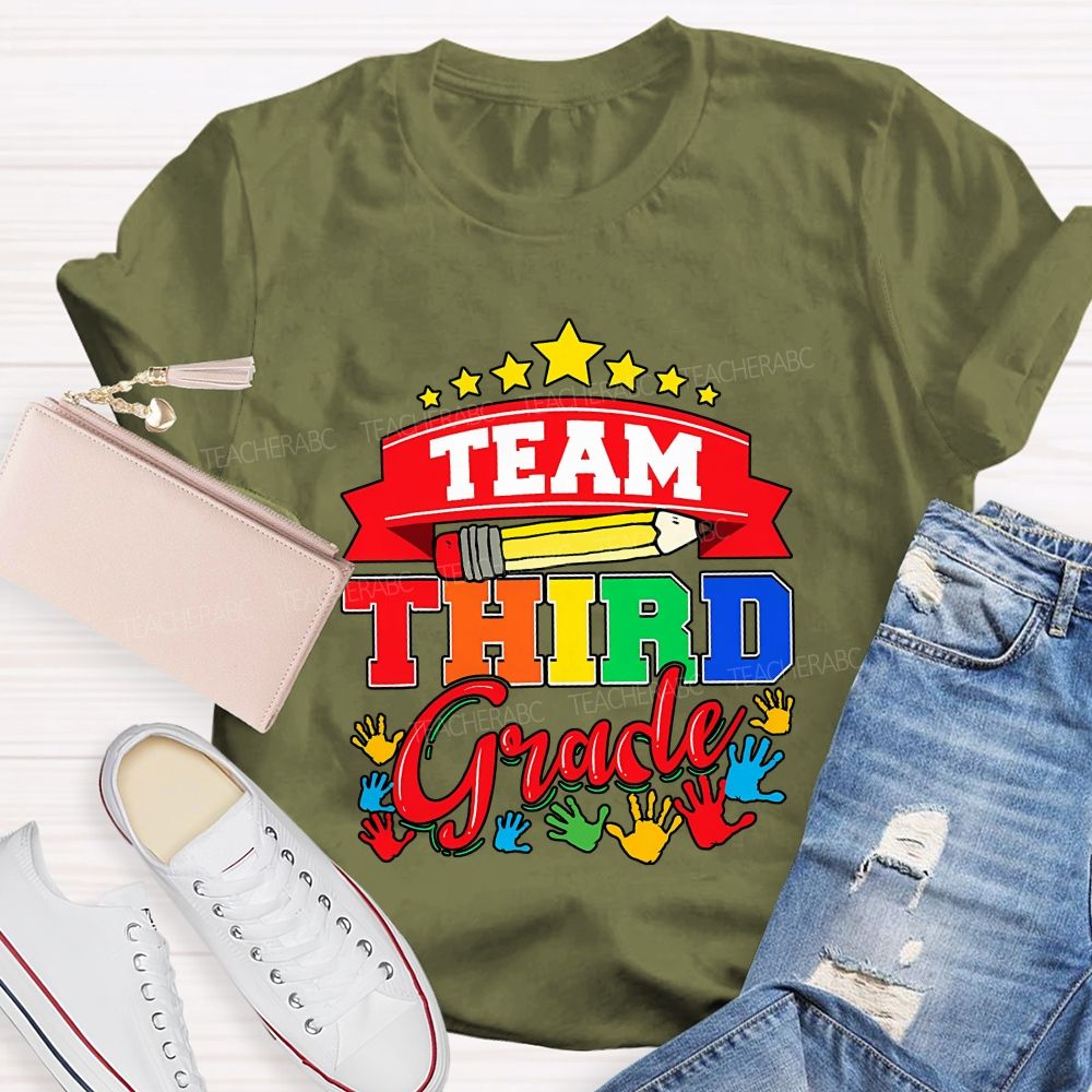 Personalized Grade Team Star Handprint Graphic School Teacher T-shirt