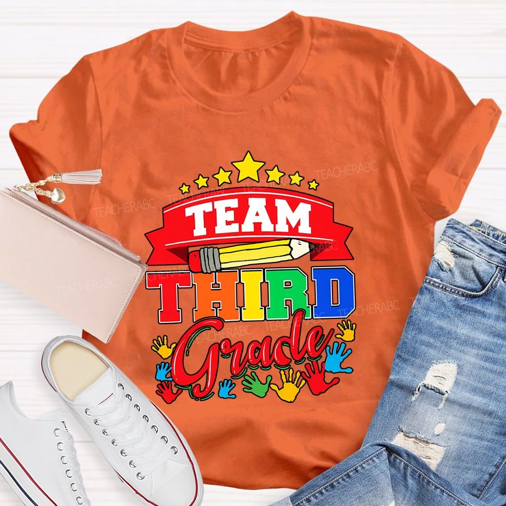 Personalized Grade Team Star Handprint Graphic School Teacher T-shirt