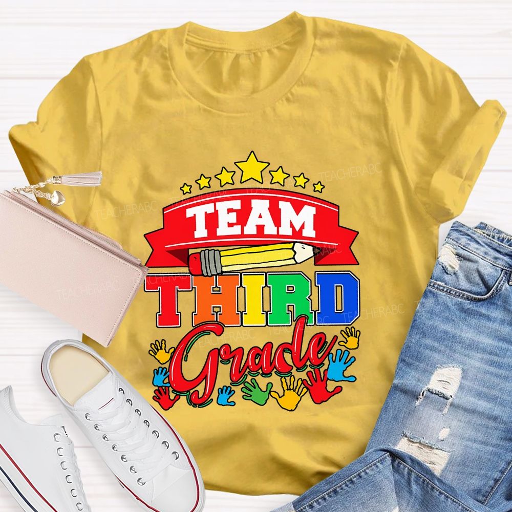 Personalized Grade Team Star Handprint Graphic School Teacher T-shirt
