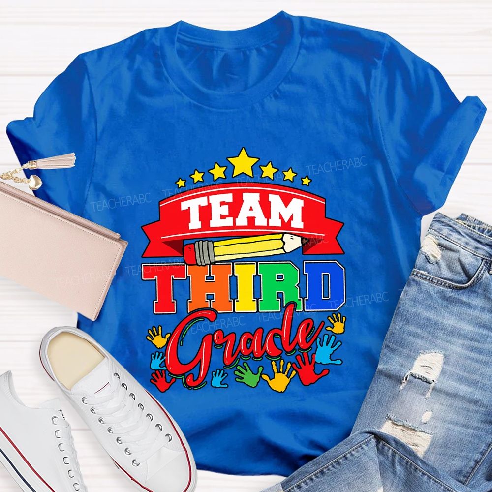 Personalized Grade Team Star Handprint Graphic School Teacher T-shirt