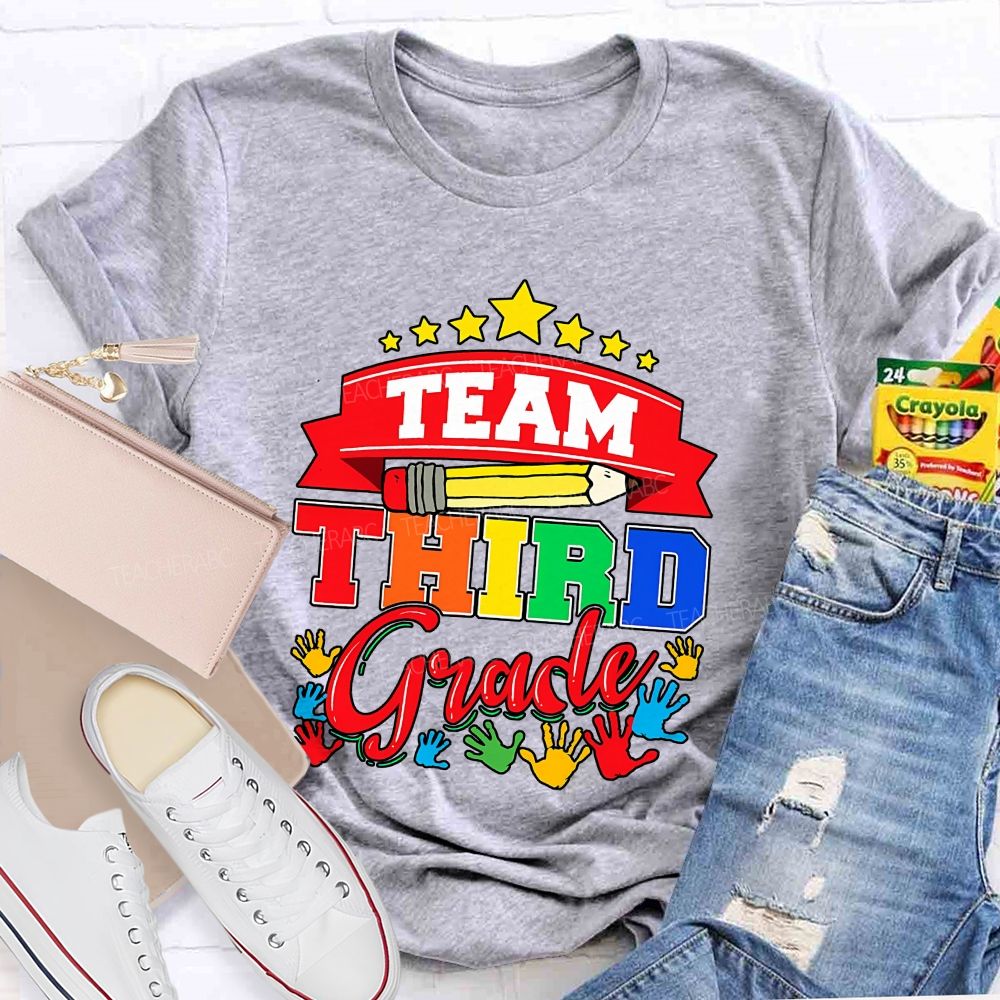 Personalized Grade Team Star Handprint Graphic School Teacher T-shirt