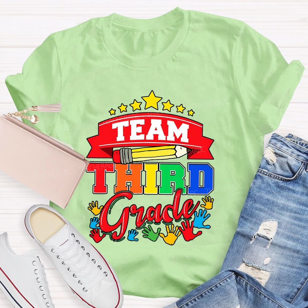 Personalized Grade Team Star Handprint Graphic School Teacher T-shirt