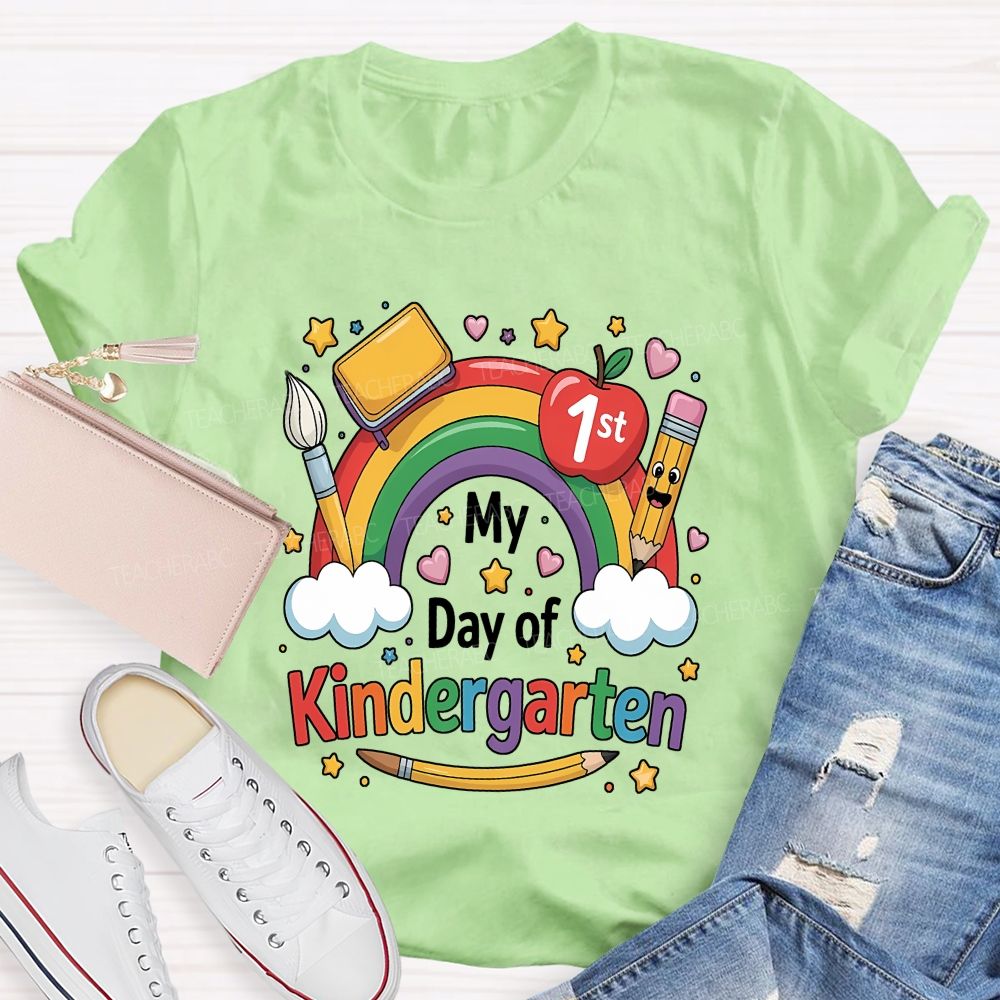 Personalized Grade My First Day Of Kindergarten Rainbow Teacher T-shirt