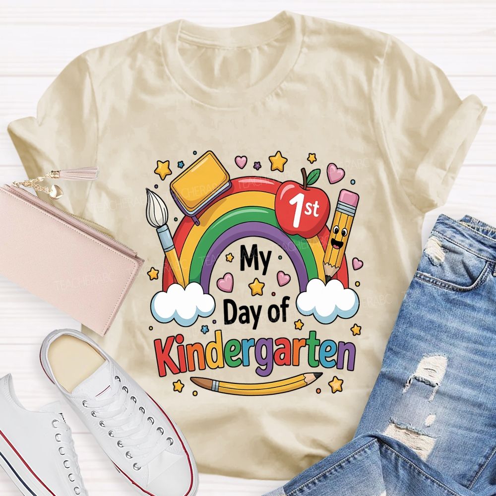Personalized Grade My First Day Of Kindergarten Rainbow Teacher T-shirt