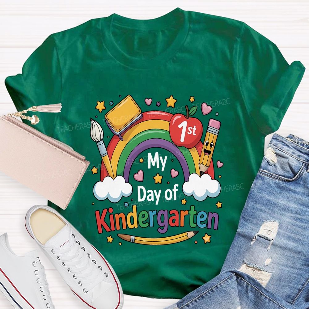 Personalized Grade My First Day Of Kindergarten Rainbow Teacher T-shirt