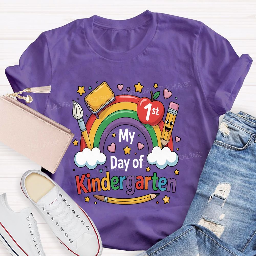 Personalized Grade My First Day Of Kindergarten Rainbow Teacher T-shirt