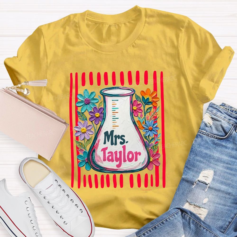 Personalized Name Floral Erlenmeyer Flask Science Teacher T-shirt