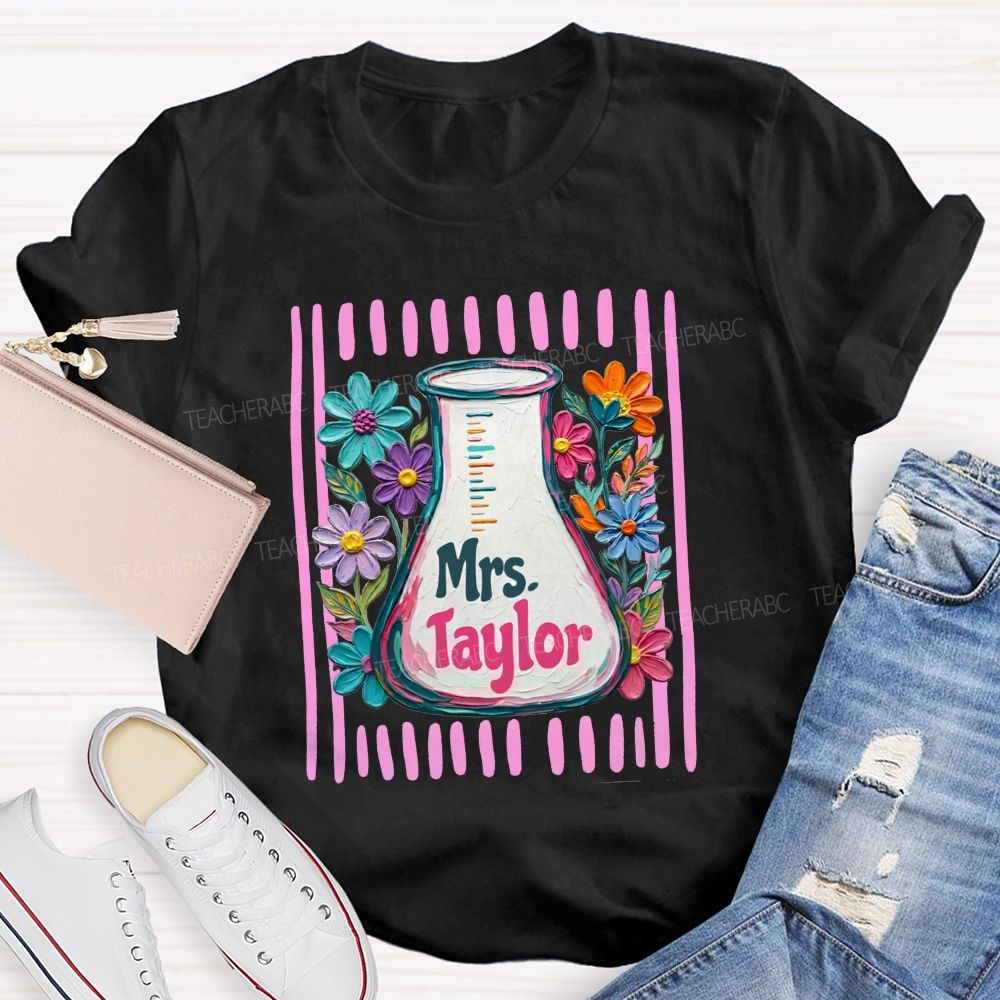Personalized Name Floral Erlenmeyer Flask Science Teacher T-shirt