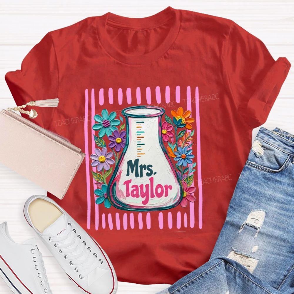 Personalized Name Floral Erlenmeyer Flask Science Teacher T-shirt