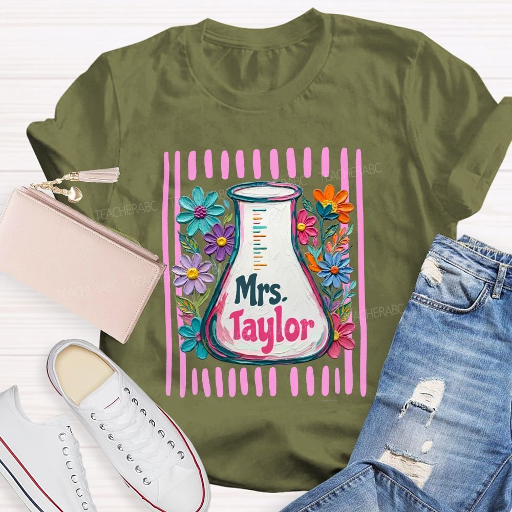 Personalized Name Floral Erlenmeyer Flask Science Teacher T-shirt