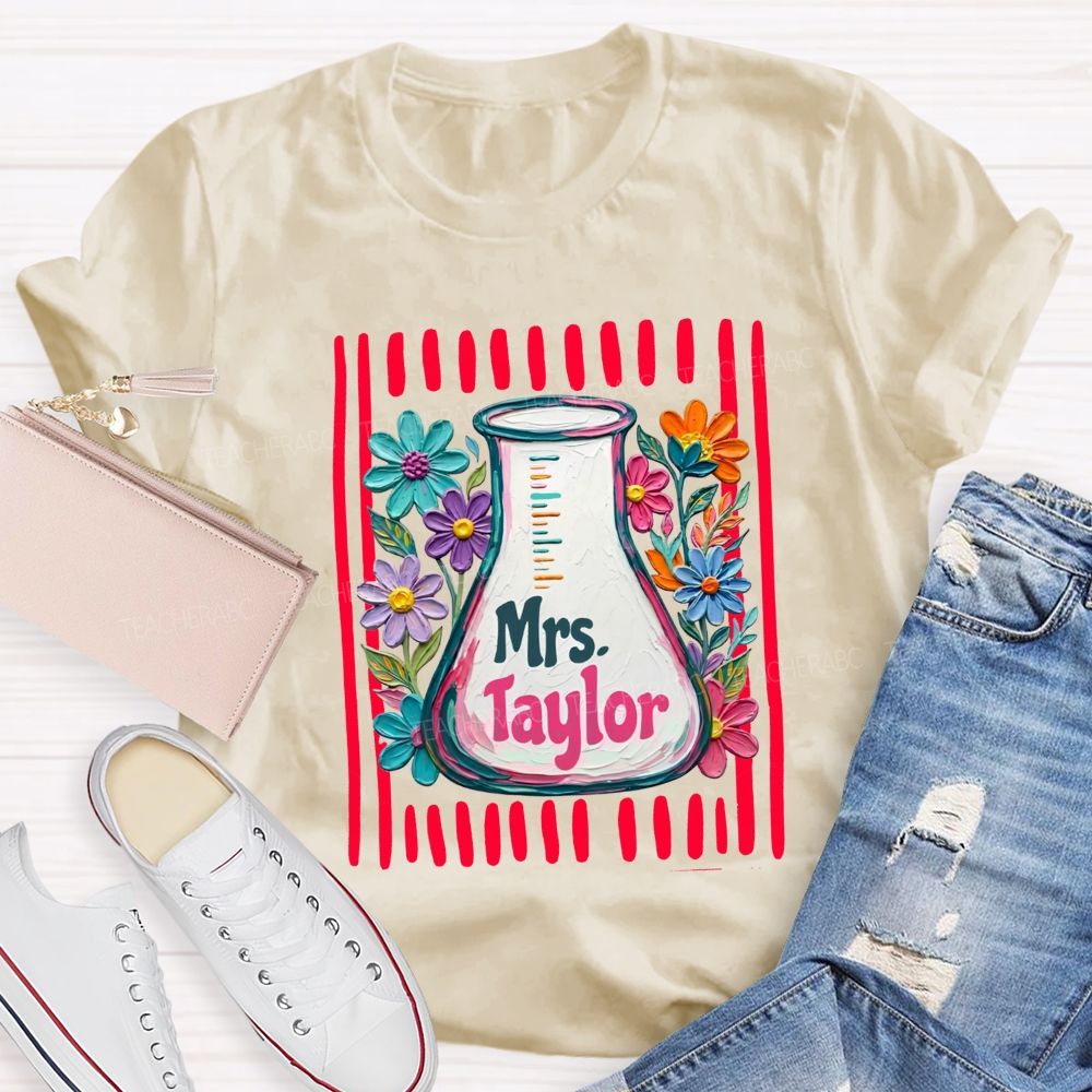 Personalized Name Floral Erlenmeyer Flask Science Teacher T-shirt