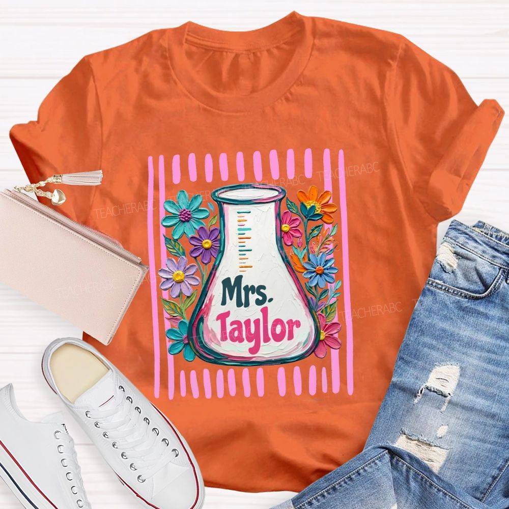 Personalized Name Floral Erlenmeyer Flask Science Teacher T-shirt
