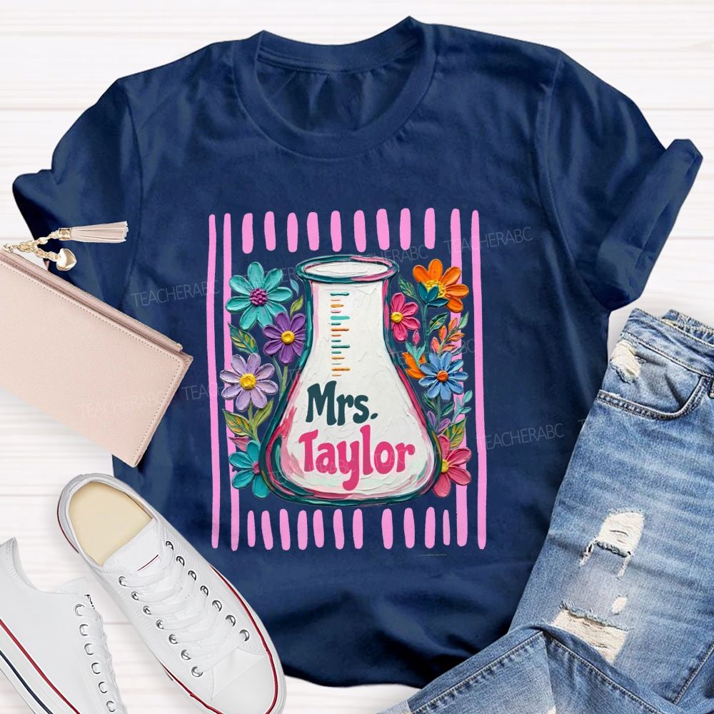 Personalized Name Floral Erlenmeyer Flask Science Teacher T-shirt