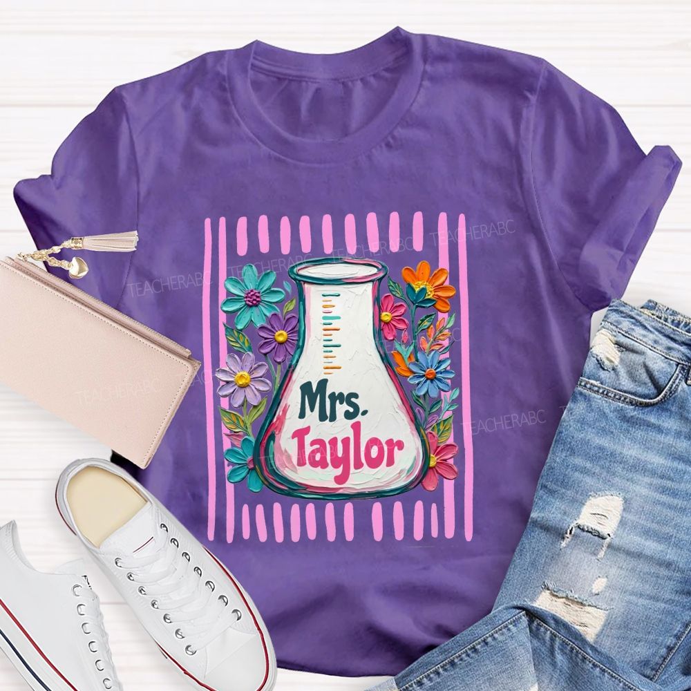 Personalized Name Floral Erlenmeyer Flask Science Teacher T-shirt