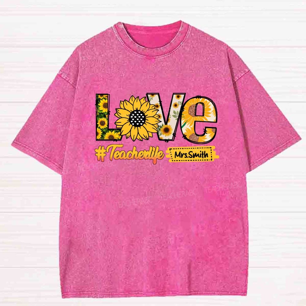 Personalized Name sunflower Teacher life Washed T-shirt