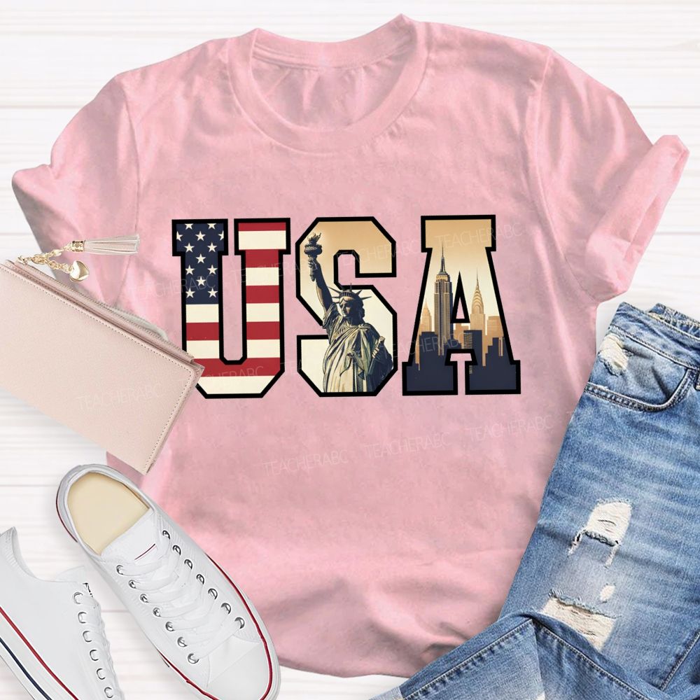 Vintage Usa Patriotic Graphic Tee Flag Statue Of Liberty Teacher T-shirt