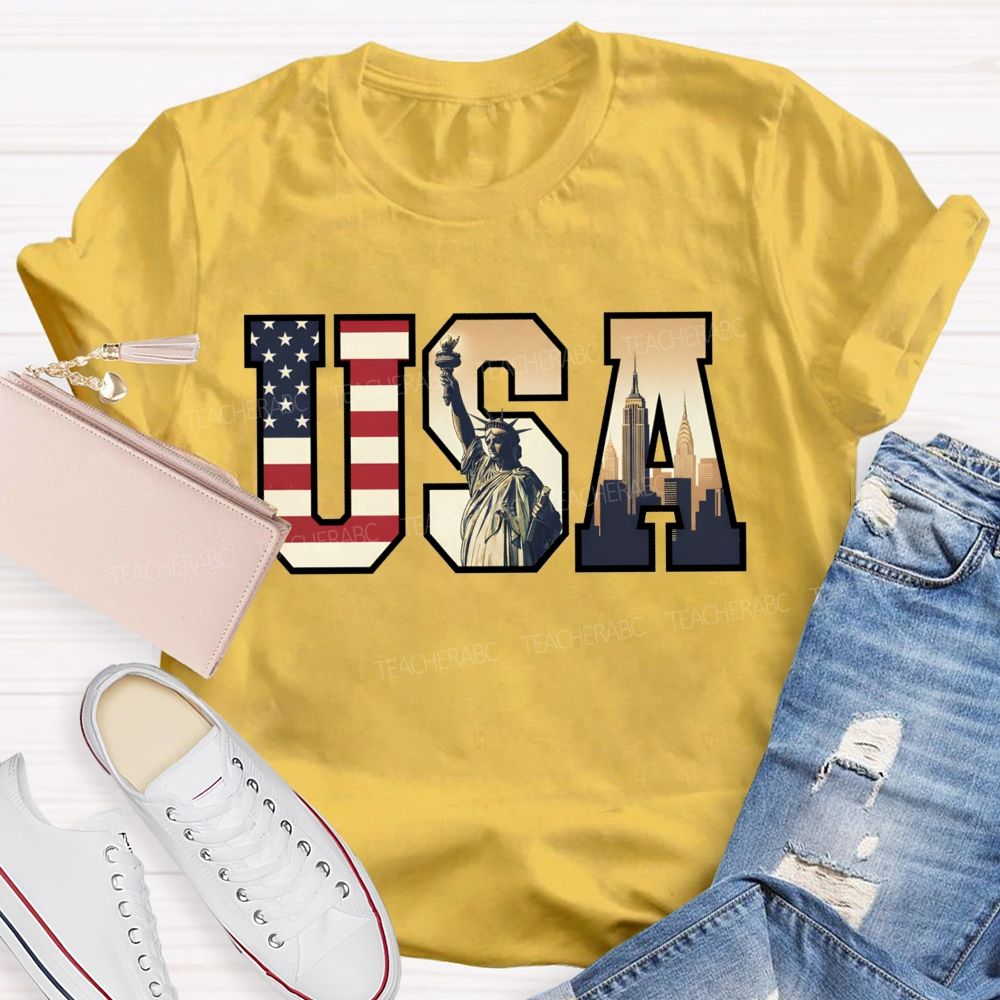 Vintage Usa Patriotic Graphic Tee Flag Statue Of Liberty Teacher T-shirt