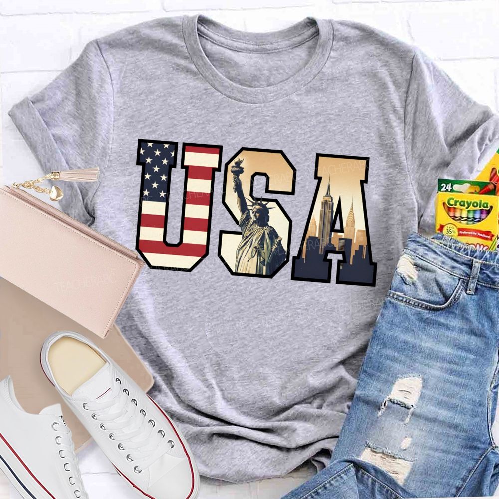 Vintage Usa Patriotic Graphic Tee Flag Statue Of Liberty Teacher T-shirt