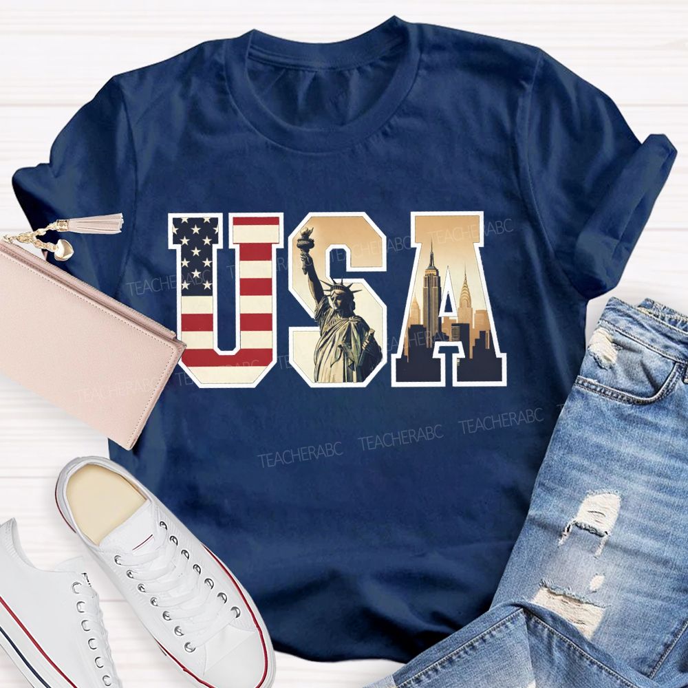 Vintage Usa Patriotic Graphic Tee Flag Statue Of Liberty Teacher T-shirt