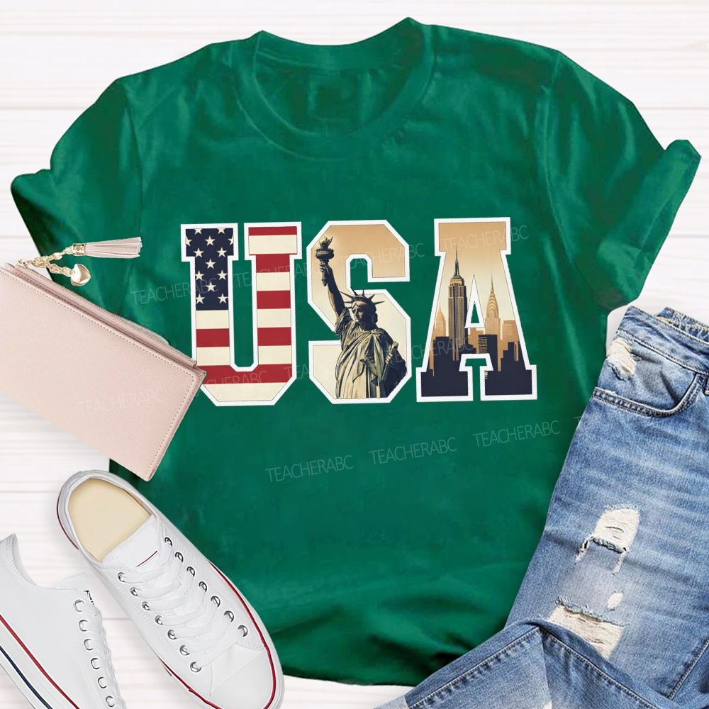Vintage Usa Patriotic Graphic Tee Flag Statue Of Liberty Teacher T-shirt
