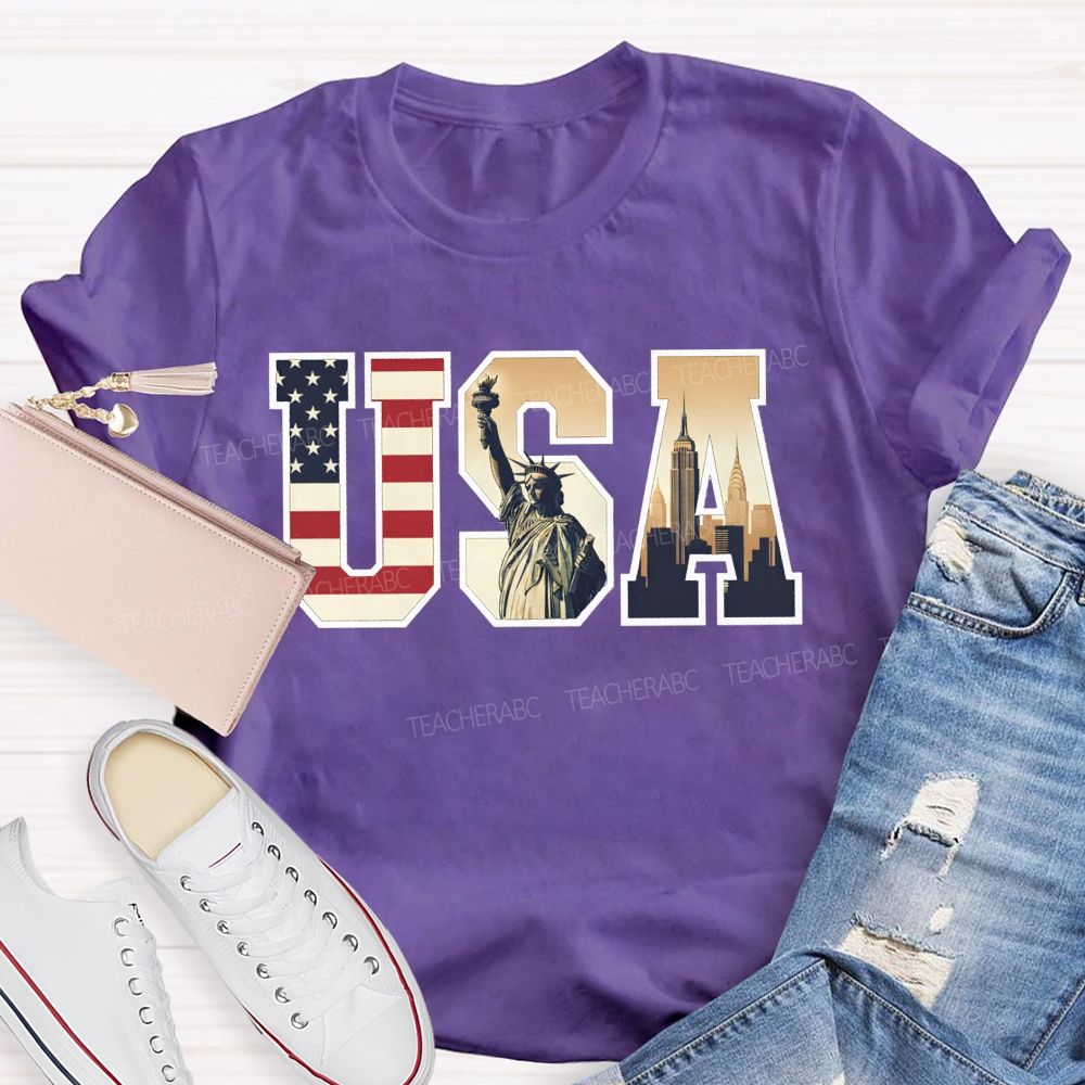 Vintage Usa Patriotic Graphic Tee Flag Statue Of Liberty Teacher T-shirt