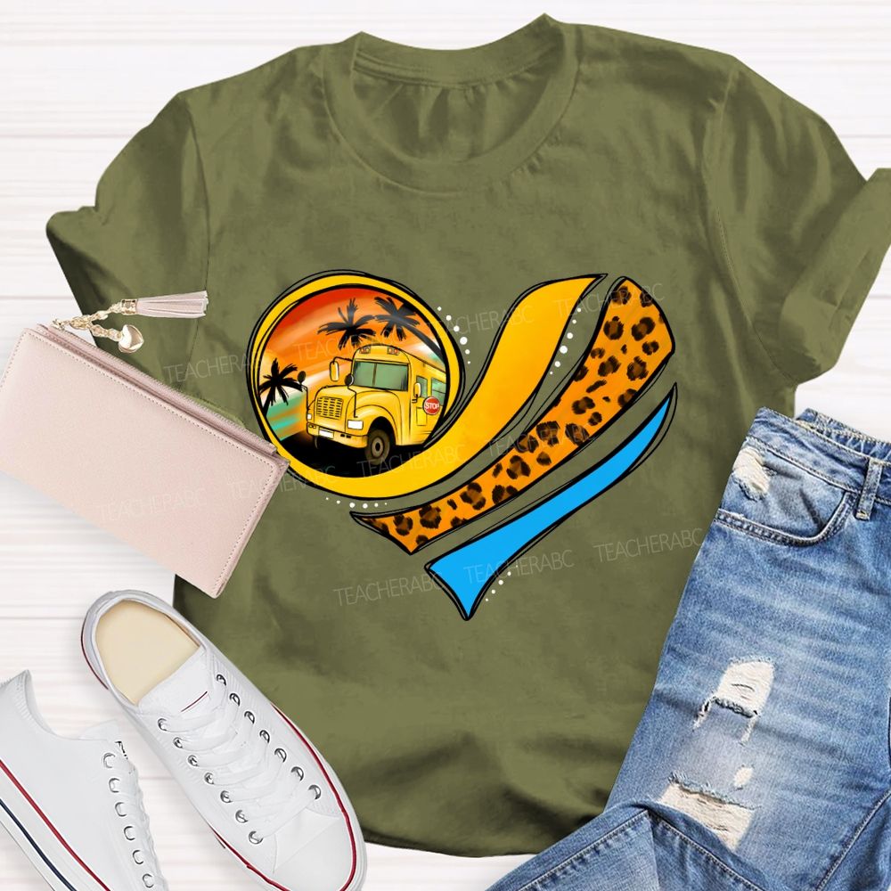Love My School Bus Driver Leopard Heart Bus T-shirt