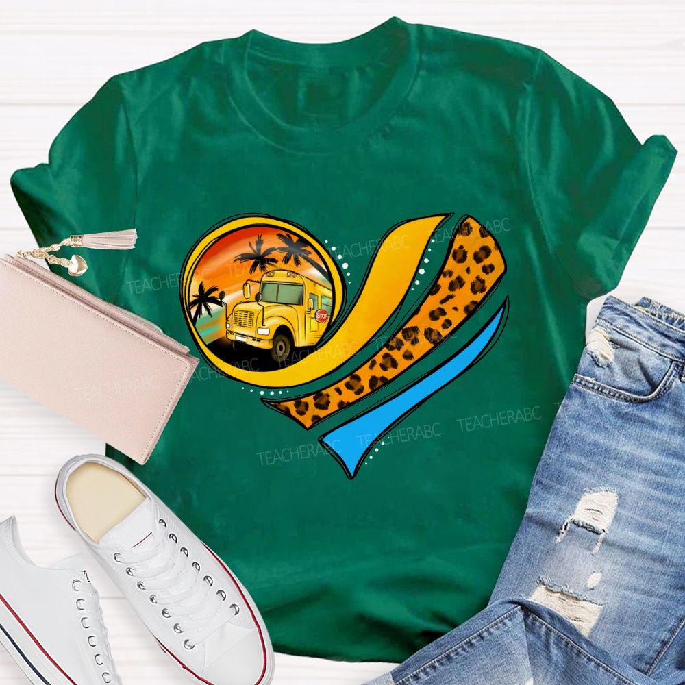 Love My School Bus Driver Leopard Heart Bus T-shirt