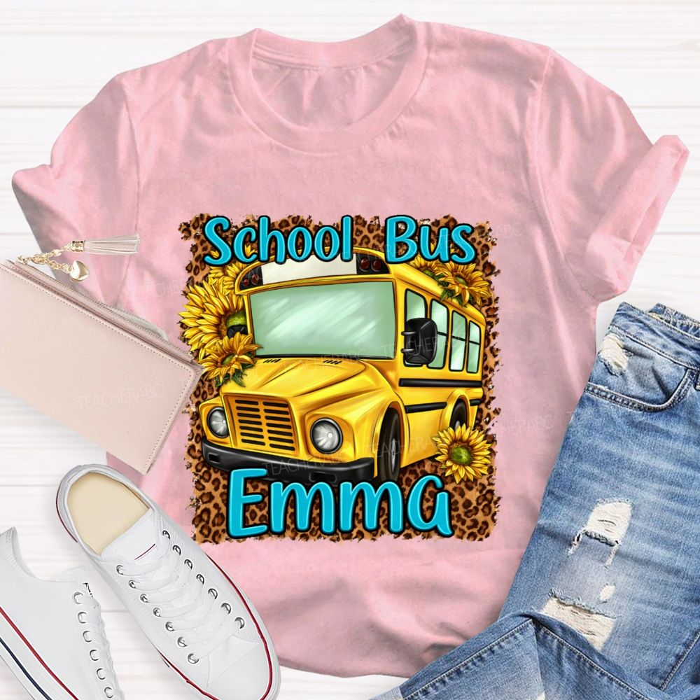 Personalized Name School Bus Leopard Print Pattern Teacher T-shirt