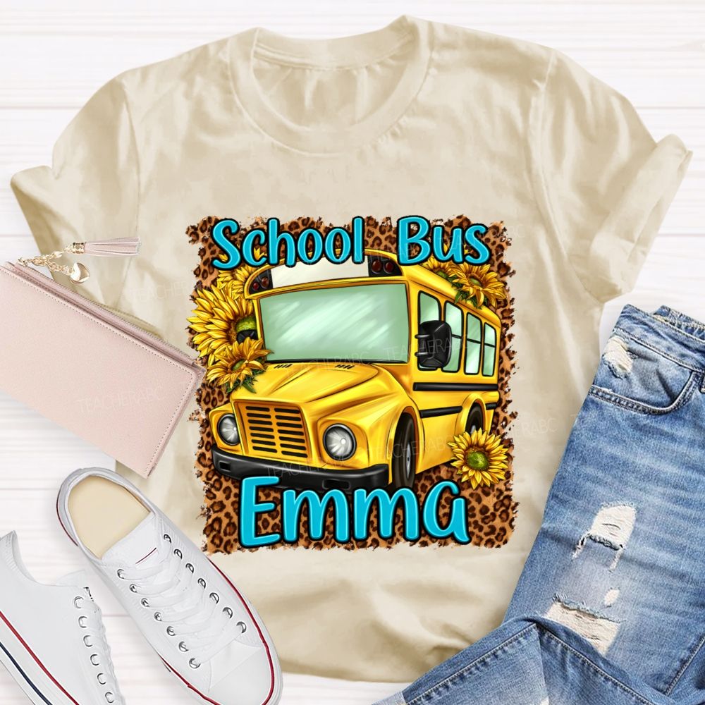 Personalized Name School Bus Leopard Print Pattern Teacher T-shirt