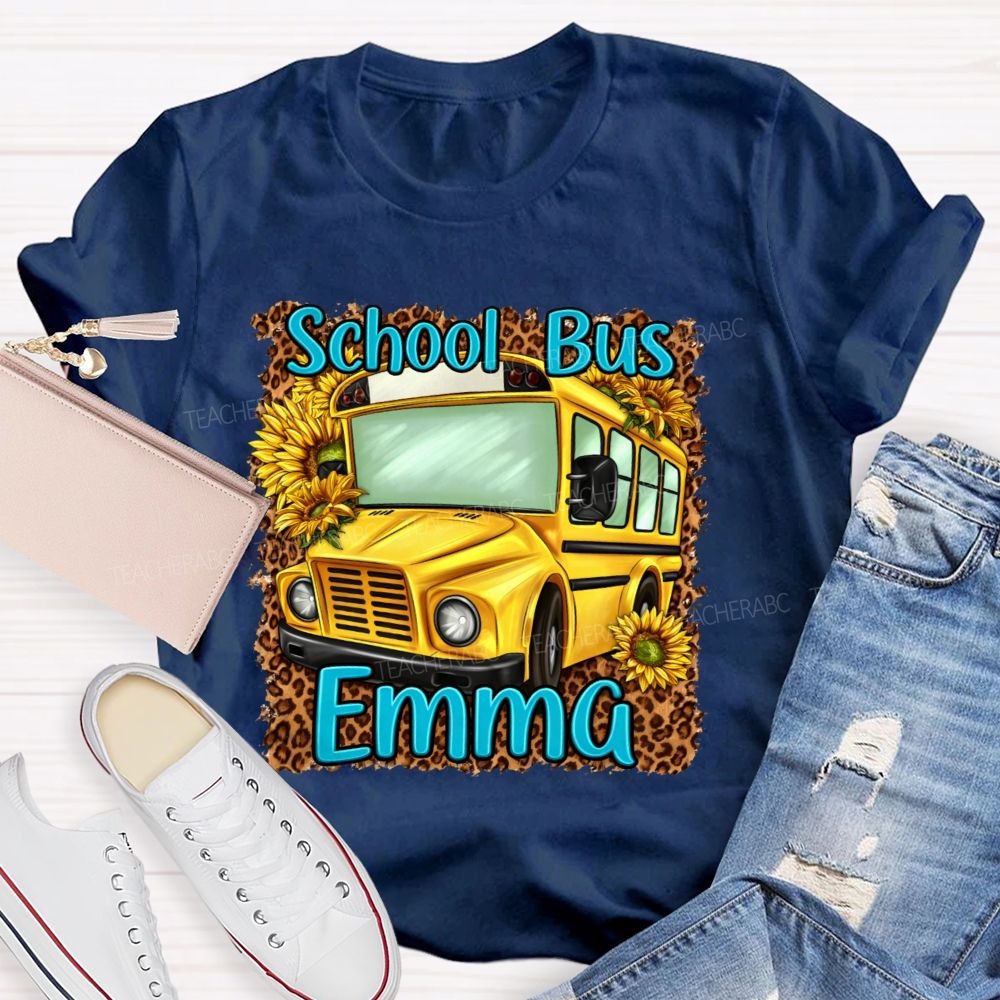 Personalized Name School Bus Leopard Print Pattern Teacher T-shirt