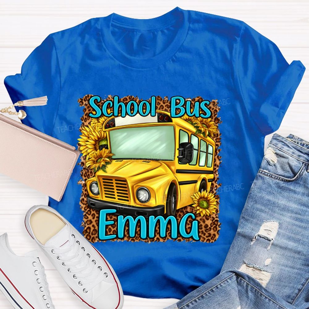 Personalized Name School Bus Leopard Print Pattern Teacher T-shirt