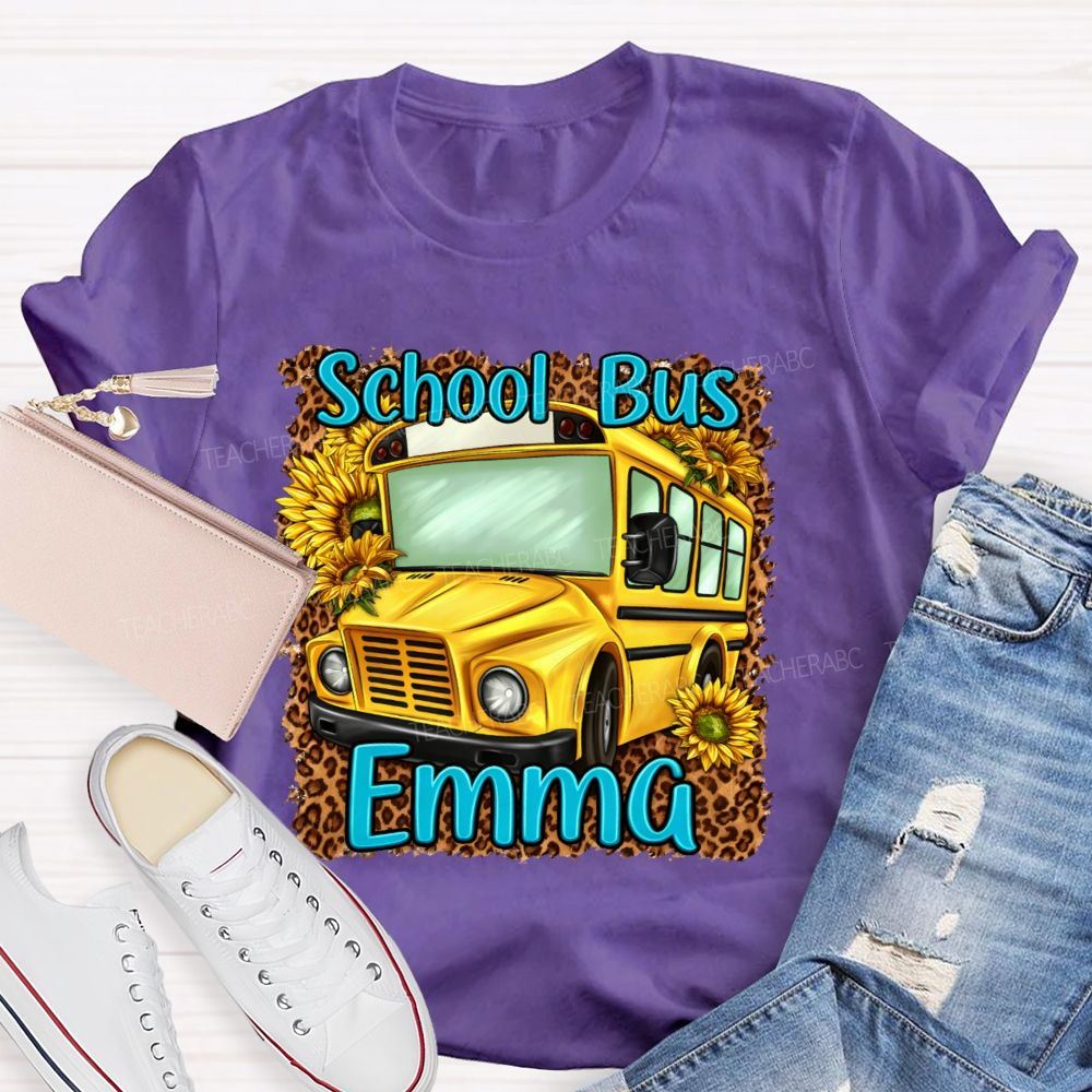 Personalized Name School Bus Leopard Print Pattern Teacher T-shirt