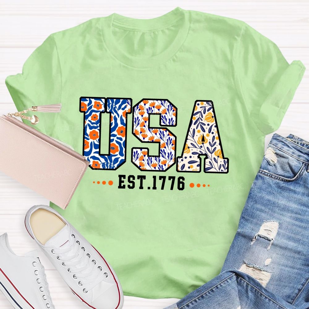 Blue Floral USA 1776 Teacher T-shirt