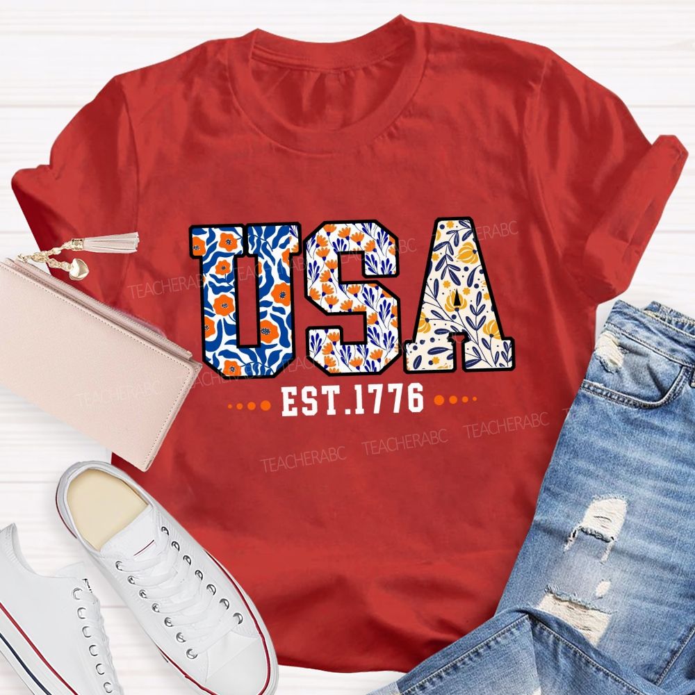 Blue Floral USA 1776 Teacher T-shirt