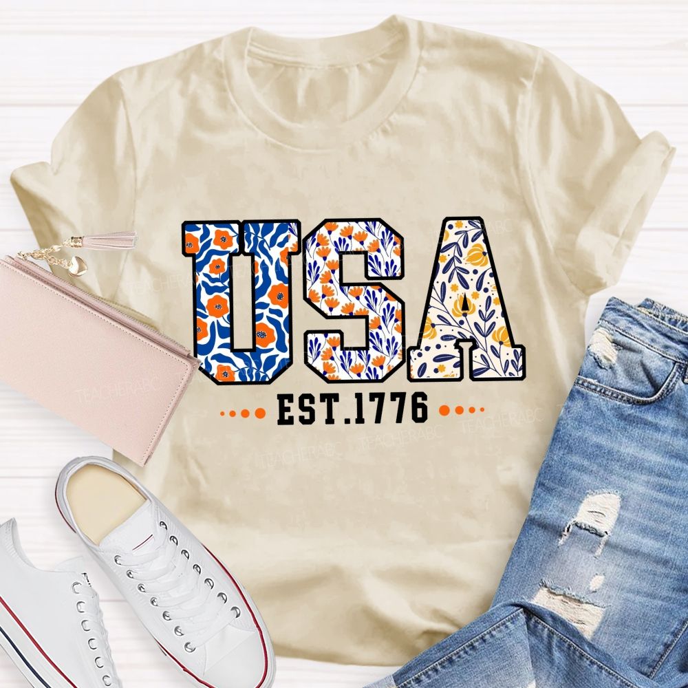 Blue Floral USA 1776 Teacher T-shirt
