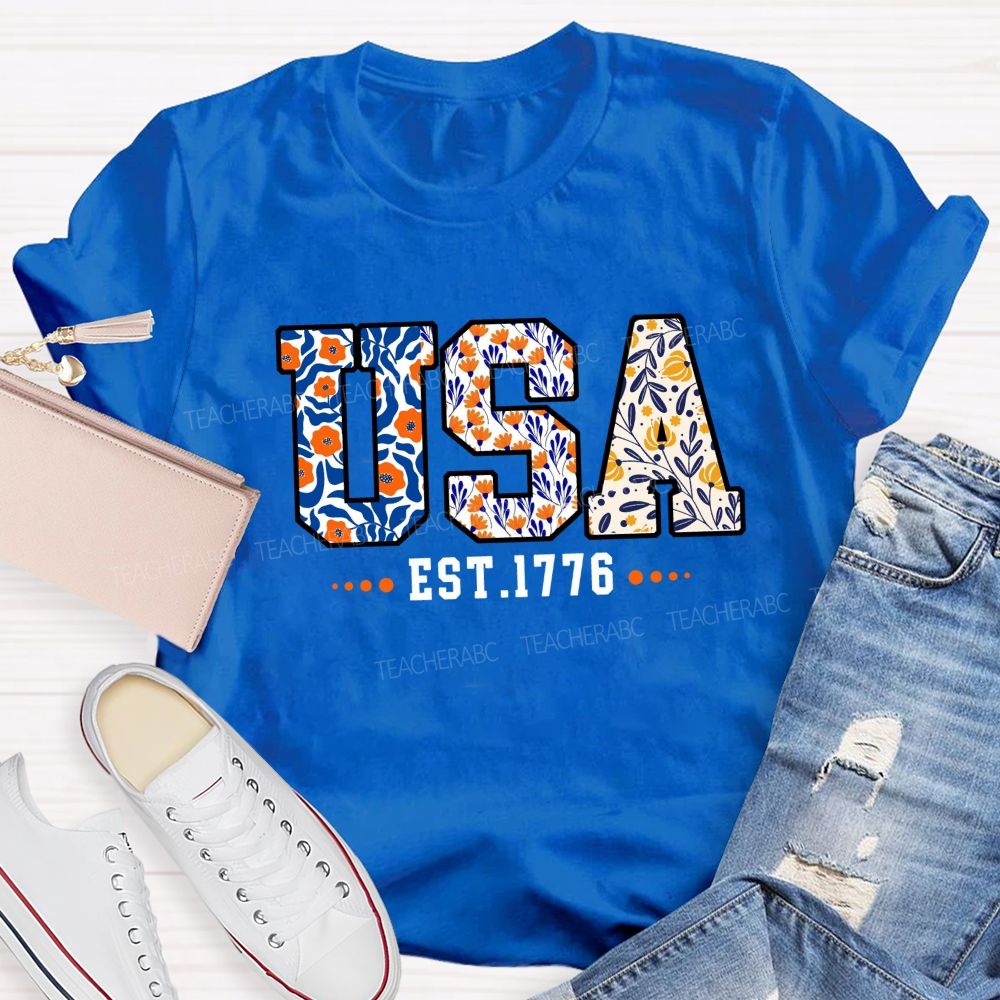 Blue Floral USA 1776 Teacher T-shirt
