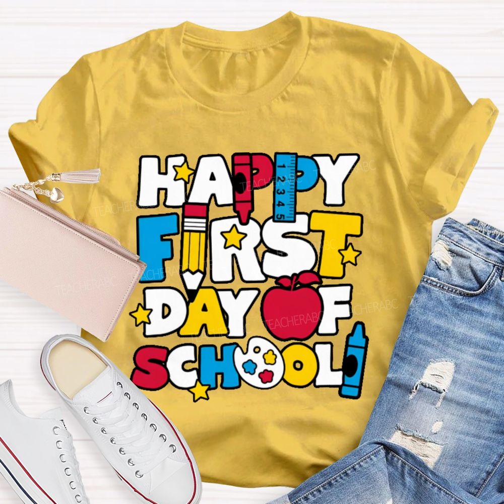 Happy First Day Of School Stars Shapes Teacher T-shirt
