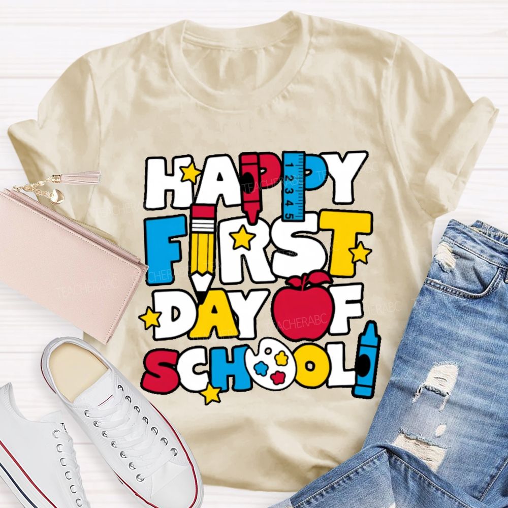 Happy First Day Of School Stars Shapes Teacher T-shirt