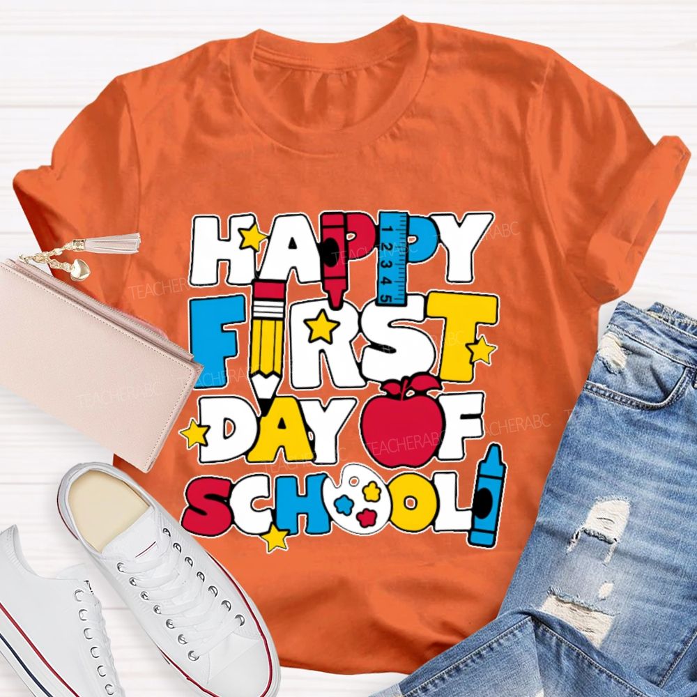 Happy First Day Of School Stars Shapes Teacher T-shirt