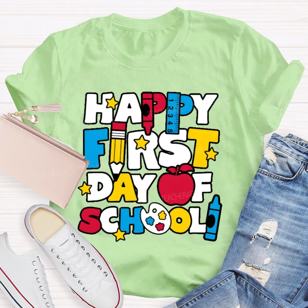 Happy First Day Of School Stars Shapes Teacher T-shirt