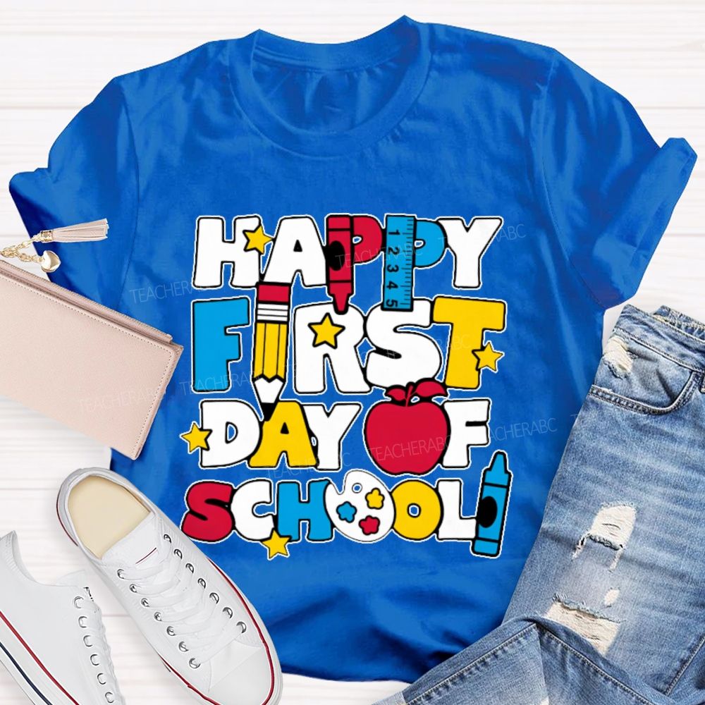 Happy First Day Of School Stars Shapes Teacher T-shirt